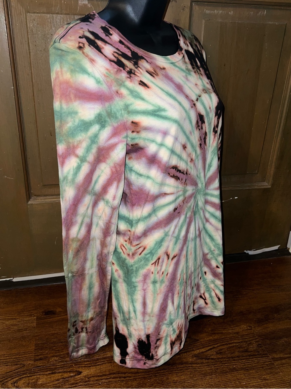 Handmade Tie-Dye Spiral Earthy Black Green Long Sleeve Shirt Boho Grunge Size M - Picture 8 of 10